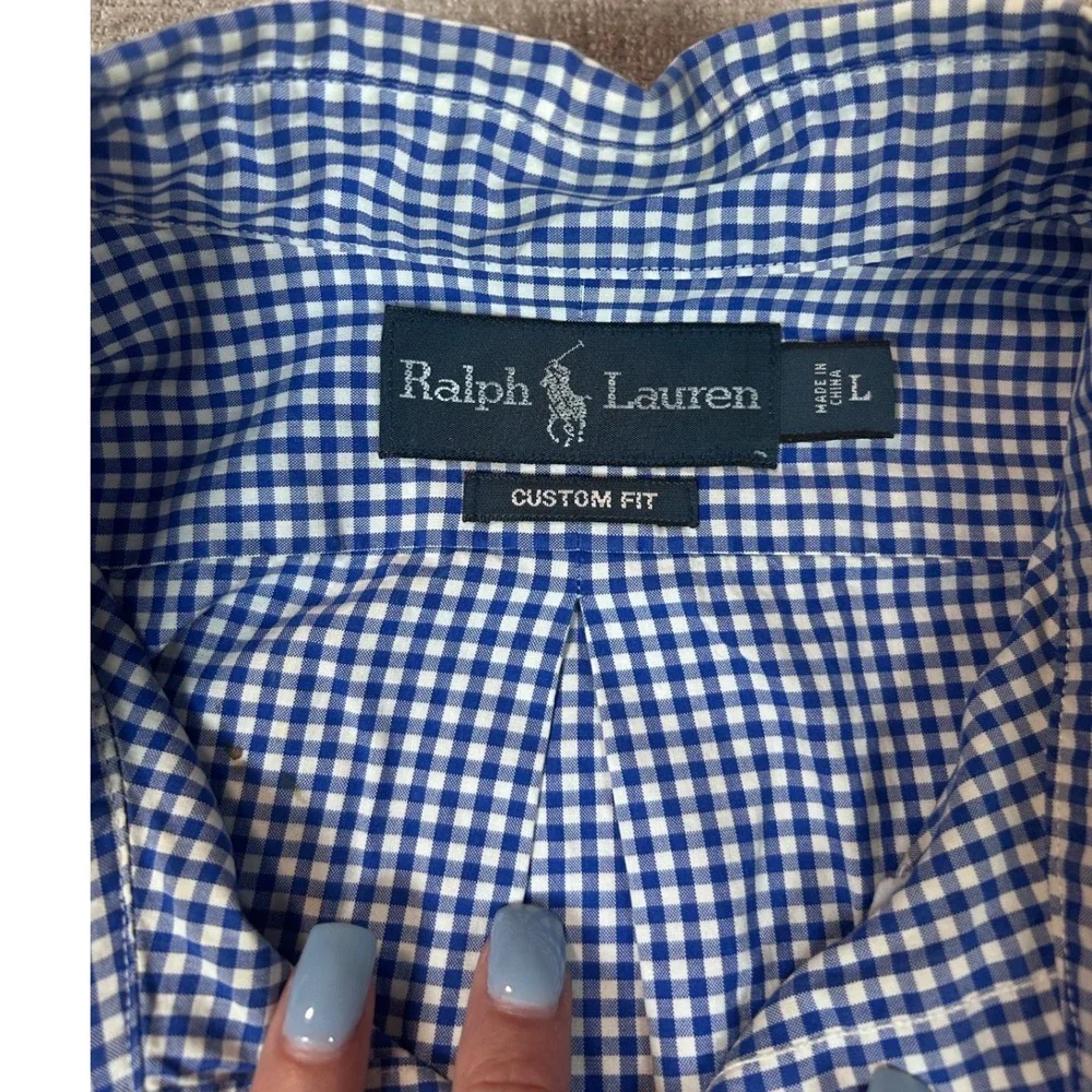 Ralph Lauren Mens Custom Fit Gingham Button Down Shirt Blue White Large L Pony
